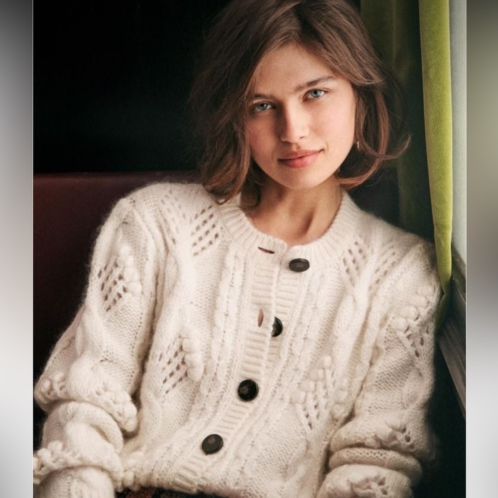 Sézane Cream Knit Cardigan with Tortoise Buttons and Feminine Detail Size Small